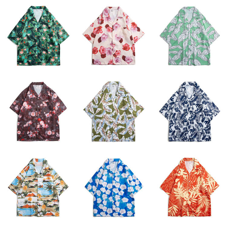 Wholesale Men's Summer Beach Hawaiian Shirts Short Sleeve Vacation Boys Coconut Tree print Oversized Shirt homme plissé issey miyake polo  