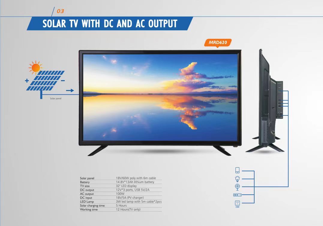 Solar TV 32" 40" 43“ with Lithium Rechargeable TV works for 8 hours