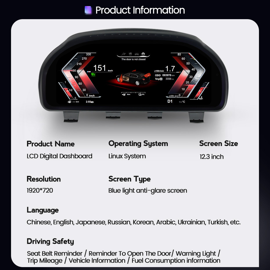 12.3” LCD Digital Dashboard, Digital Cluster, Virtual Cockpit for