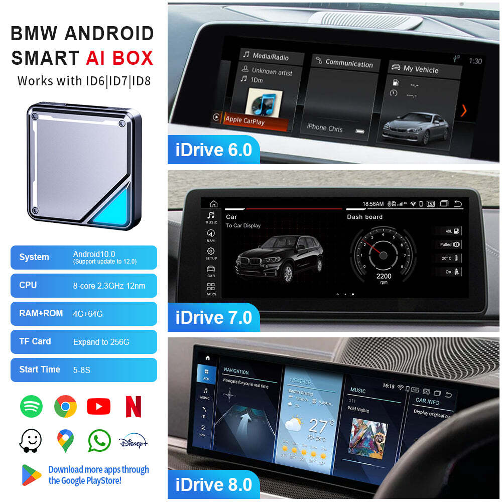 Support bmw youtube bmw netflix, android carplay box bmw id6/id7