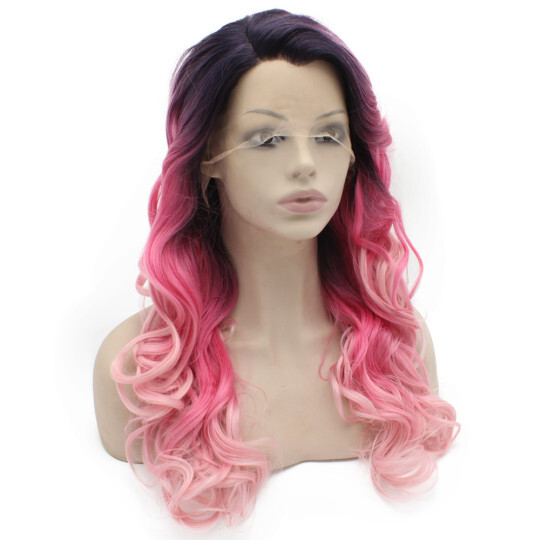 Long Wavy Dark Root Two Tone Pink Synthetic Lace Front Ombre Wig Natural long pink wig | ombre pink wig