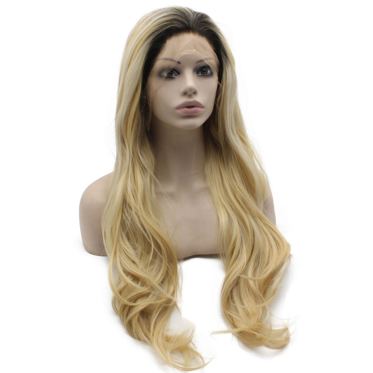 Dark Root Blonde Wig | Long Wavy Ombre Blonde Lace Front Wig
