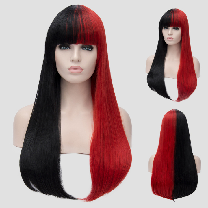 Half Red Half Black Wig Long Black Wig