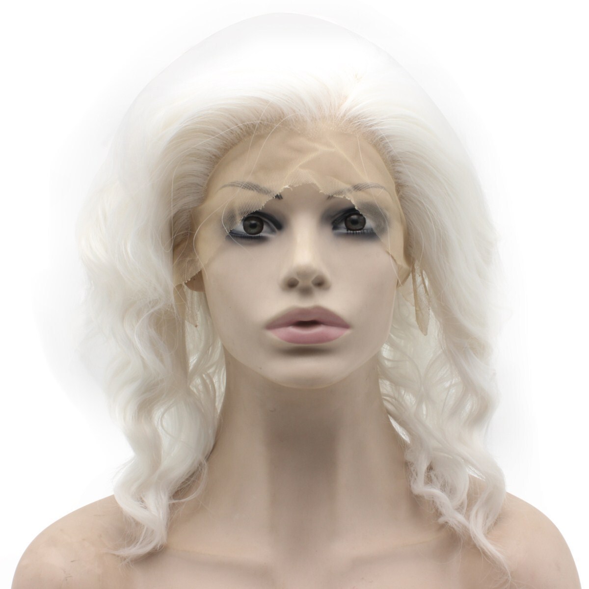 White Shoulder Length Curled Synthetic Wig