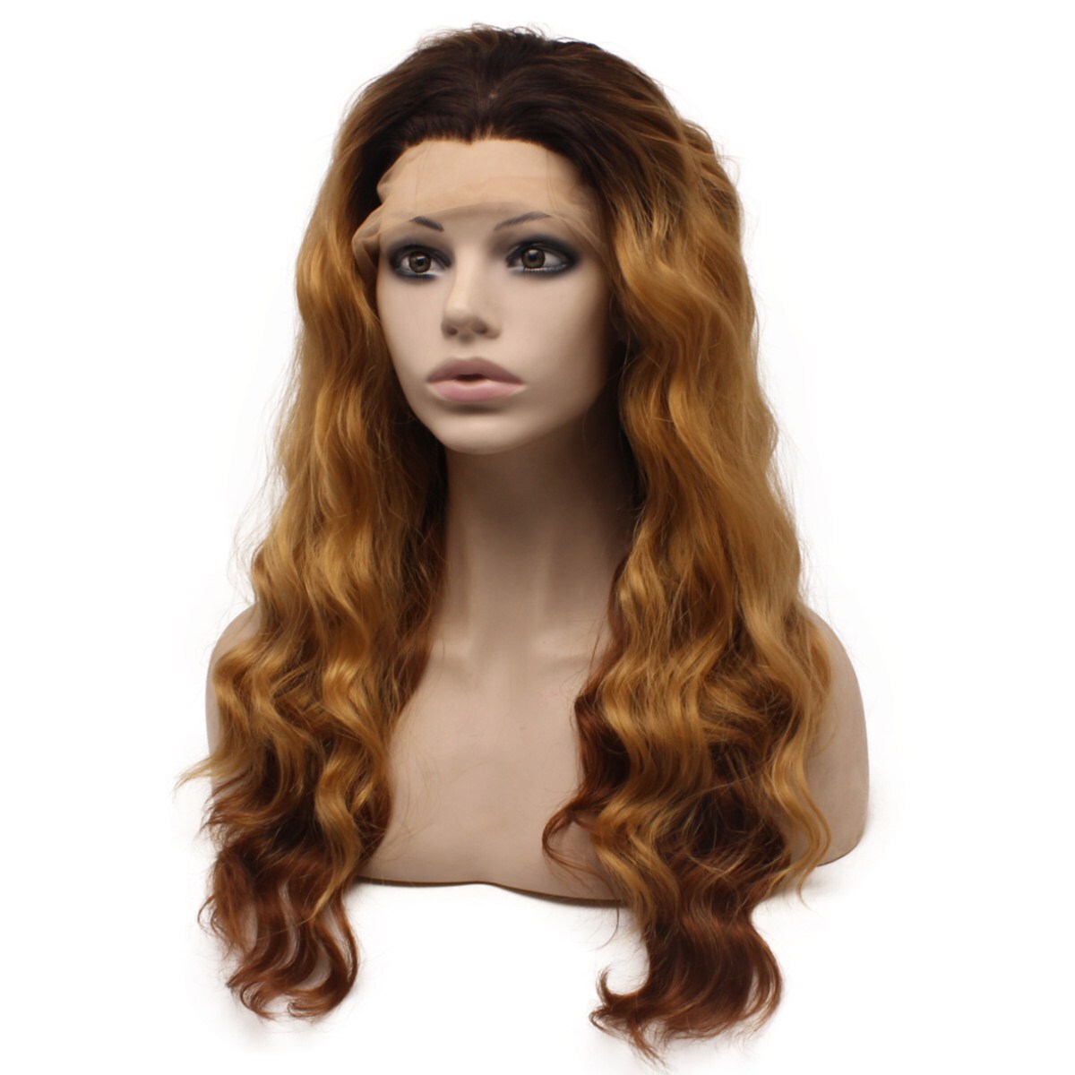 Long Wavy Dark Root Brown Ombre Lace Front Wig Party