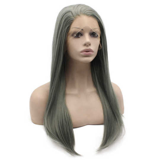 Long Straight Green Gray Lace Front Wig Natural Long Straight Green Gray Lace Front Wig Natural