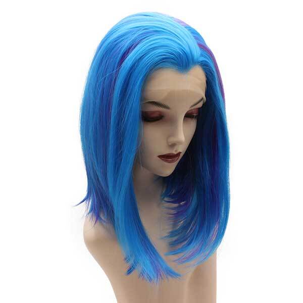 Blue Shoulder Length Wig with Purple Accents