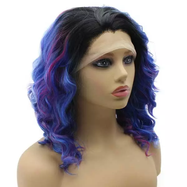 Ombre Blue Pink Wavy Shoulder Length Synthetic Wig