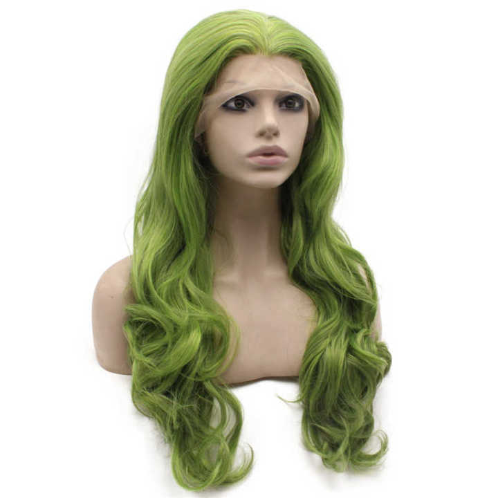 Long Wavy Green Heat Resistant Fiber Hair Lace Front Wig display picture 1