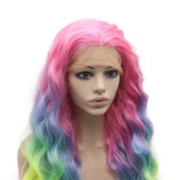 Long Wavy Pink Green Blue Mix Synthetic Lace Front Rainbow Color Wig Iwonawig
