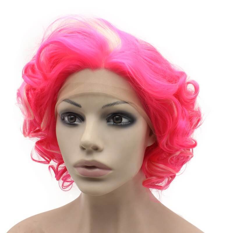 Short Curly Synthetic Hot Pink Blonde Lace Front Wig ...