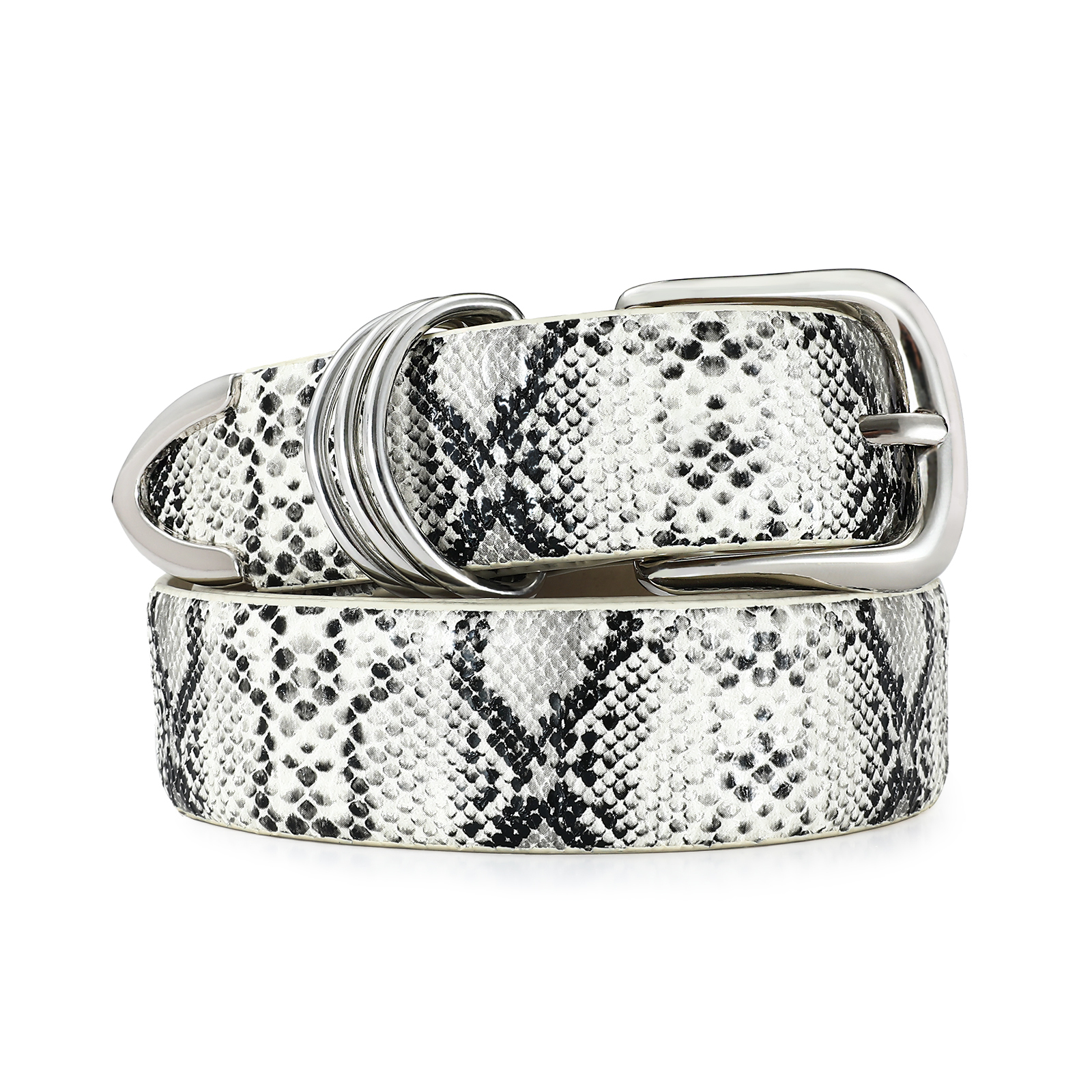 Women\'s Silver Snake-Print Elastic Belt with Decorative Metal Accents Exotic Italian Silver Metal Articulated White Leather Snake  main image 3