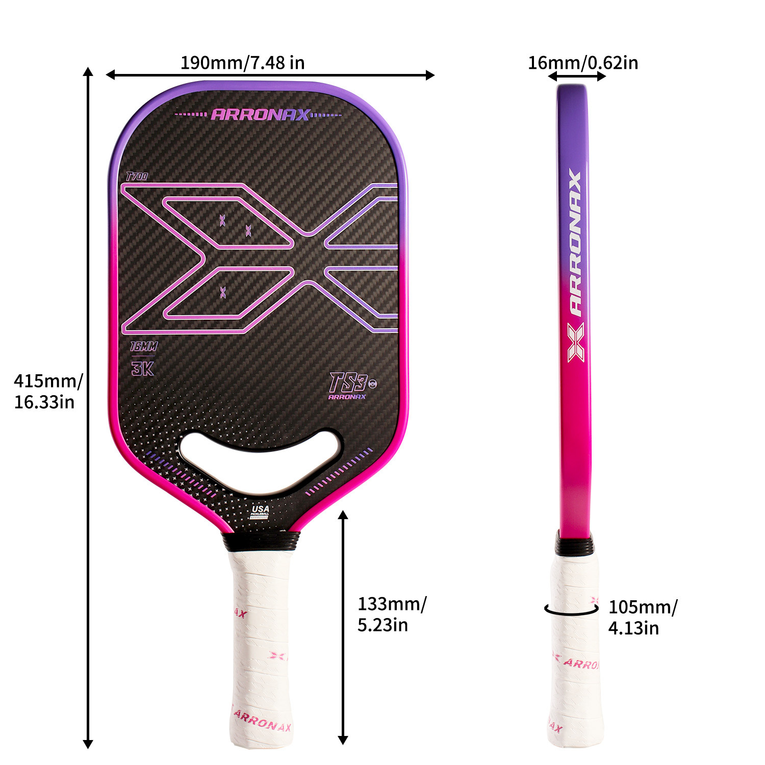 USAP承認 ARRONAX ピックルボールパドル 3Kカーボン T1 パープル 2024 arronax Pickleball Paddle TS3-16MM purple carbon friction surface