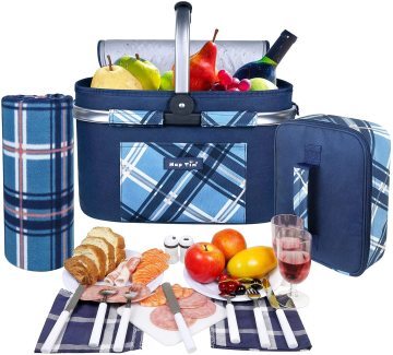 Hap Tim Picnic Basket Set for 2 Person with Roomy Insulated Cooler Bag/Compartment + Free Waterproof Blanket + Cutlery Service Kits,Gift for Boys Girls,Blue (3741-BL)