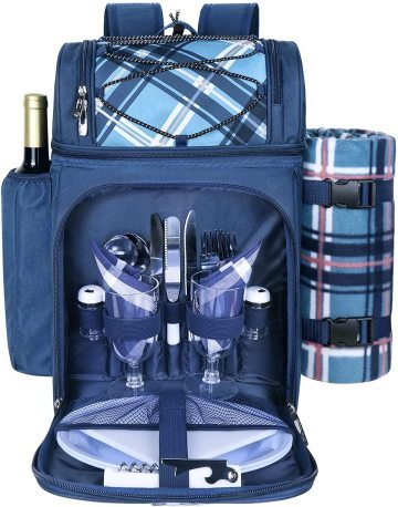 Hap Tim Picnic Basket Backpack for 2 Person with Insulated Leak Proof Cooler Compartment,Wine Holder,Fleece Blanket,Cutlery Set,Perfect for Beach Camping Party,Gifts for Boys Girls,Blue (36083-BL)