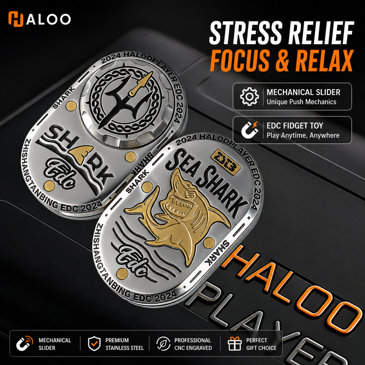 Sea Shark Haloo & Finger Spin EDC Premium Toy | Dual-Layer Push