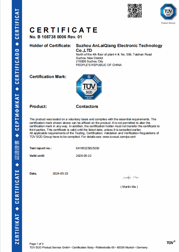 ALQ EVQ7A-400G DC contactor TUV SUD certificate for Contactors
