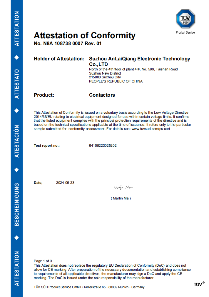 ALQ EVC7A-400E DC contactor TUV SUD attestation of conformity CE LVD