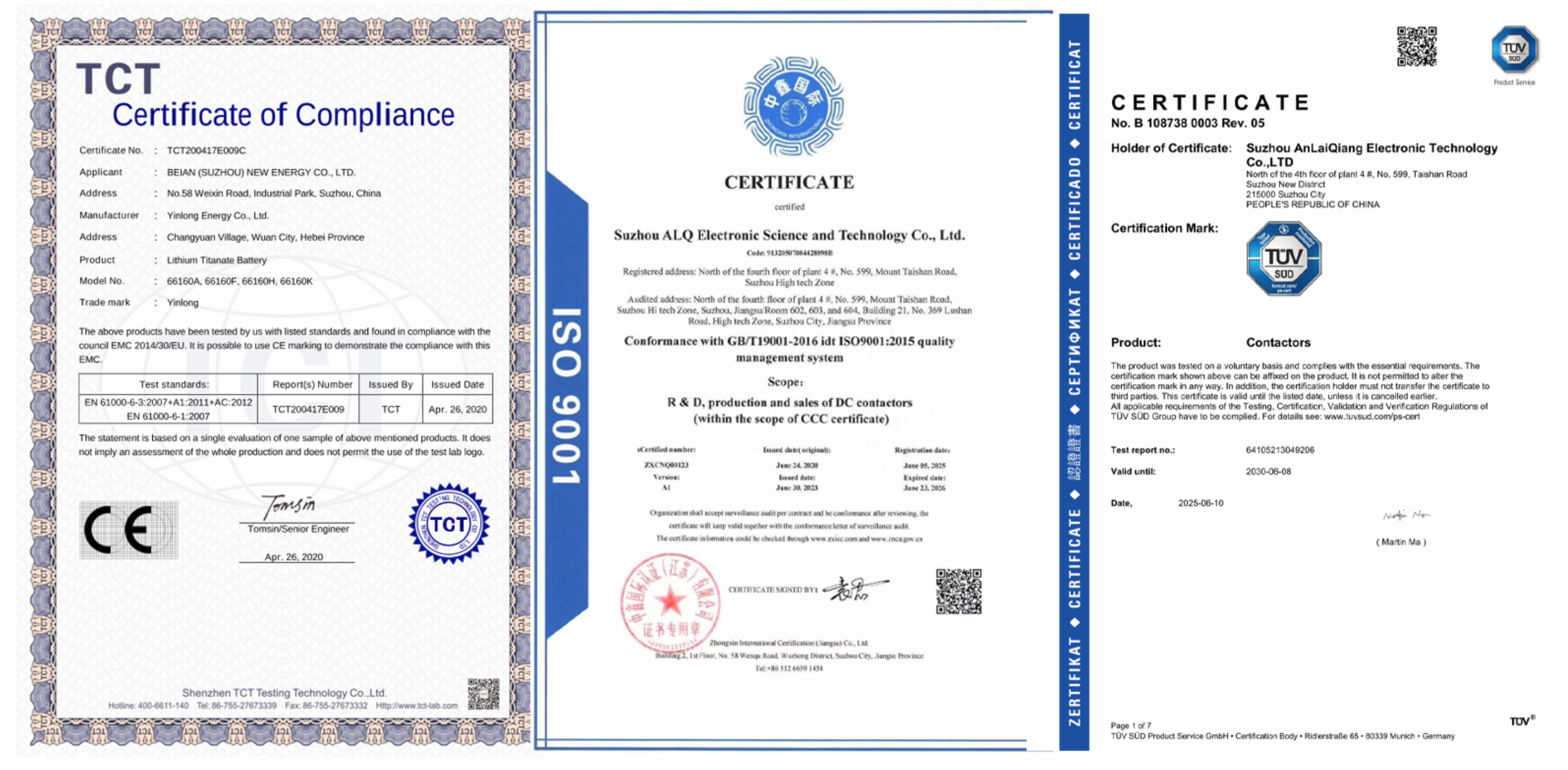 ALQ EVH9AX-800G1BC DC contactor certifications: CE, ISO9001, TUV and CCC compliance certificates