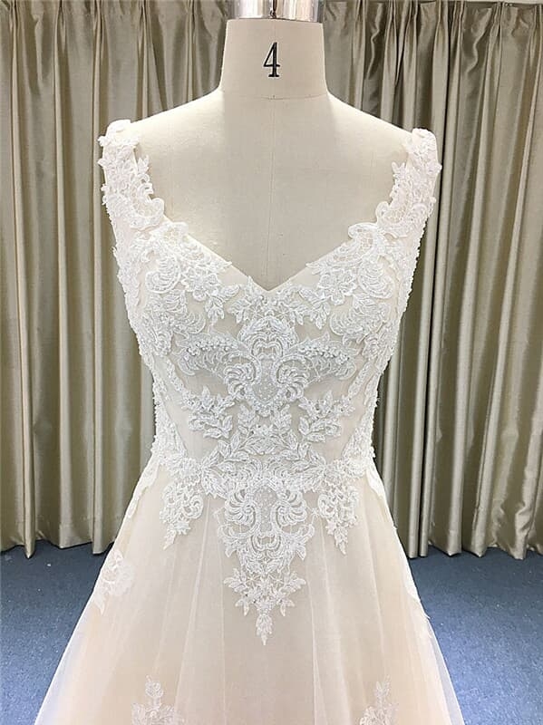 A-line V neckline court train tulle over satin/low-cut back made to  measure wedding dress with sequin appliques. 