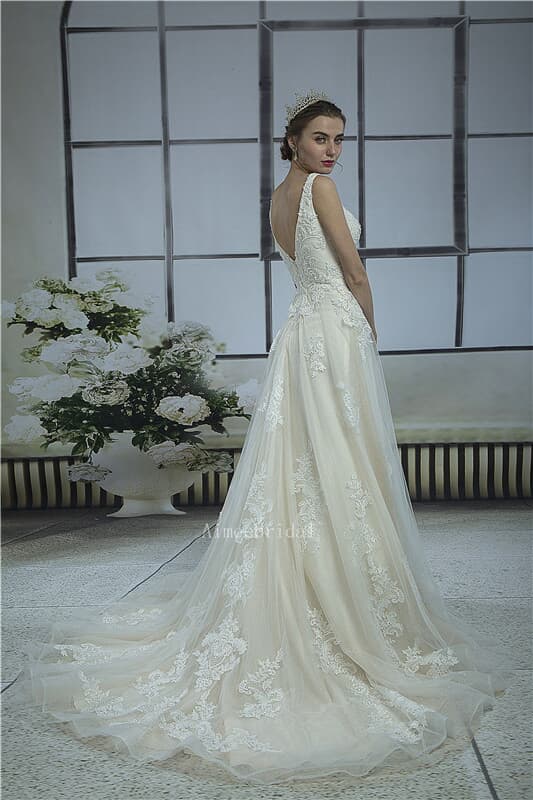 A-line V neckline court train tulle over satin/low-cut back made to  measure wedding dress with sequin appliques. 