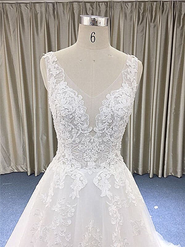 A-line V neck strap cathedral train tulle/lace over satin/made to measure wedding dress gown with low-cut back .