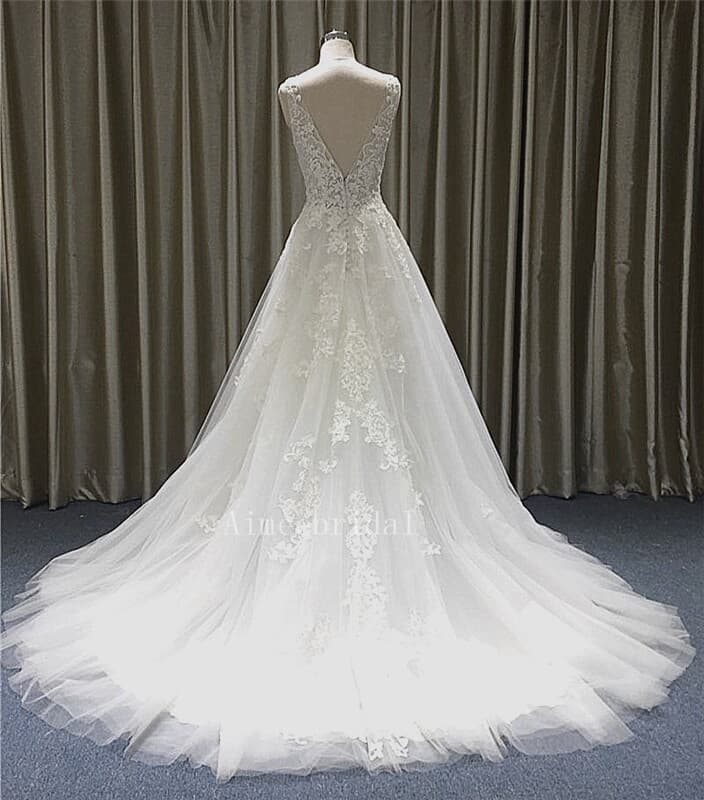 A-line V neck strap cathedral train tulle/lace over satin/made to measure wedding dress gown with low-cut back .