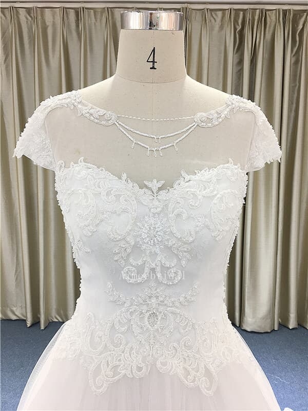 A-line Jewel neckline chapel train tulle /french lace pearl beading   ball gown wedding dress with sex back emboridery button dress.