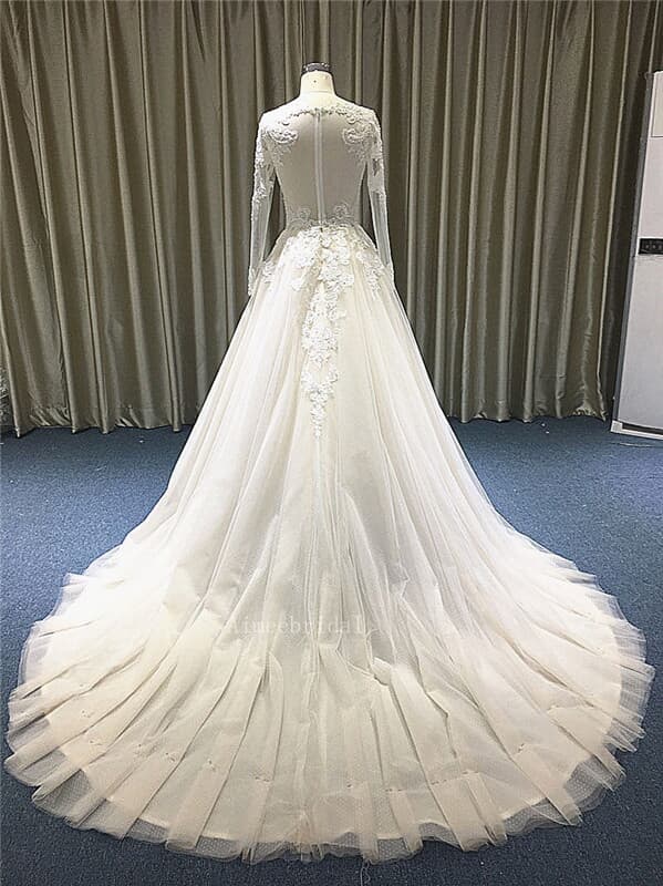A line Jewel Neck chapel train lace/tulle/lacme over satin supply custom wedding dress with pearls /bell sleeve/sex back with button.