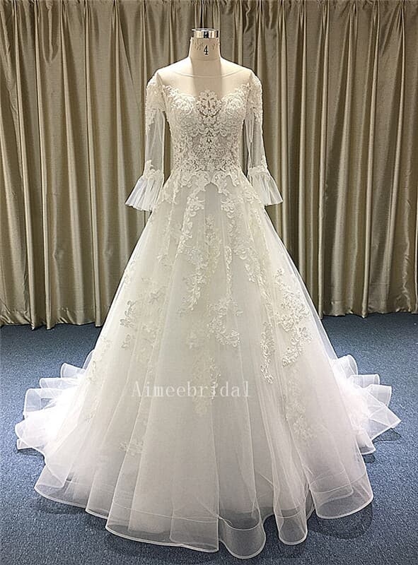 A-Line Jewel Neck Court Train Tulle Made-To-Measure Wedding Dresses with flare sleeves  