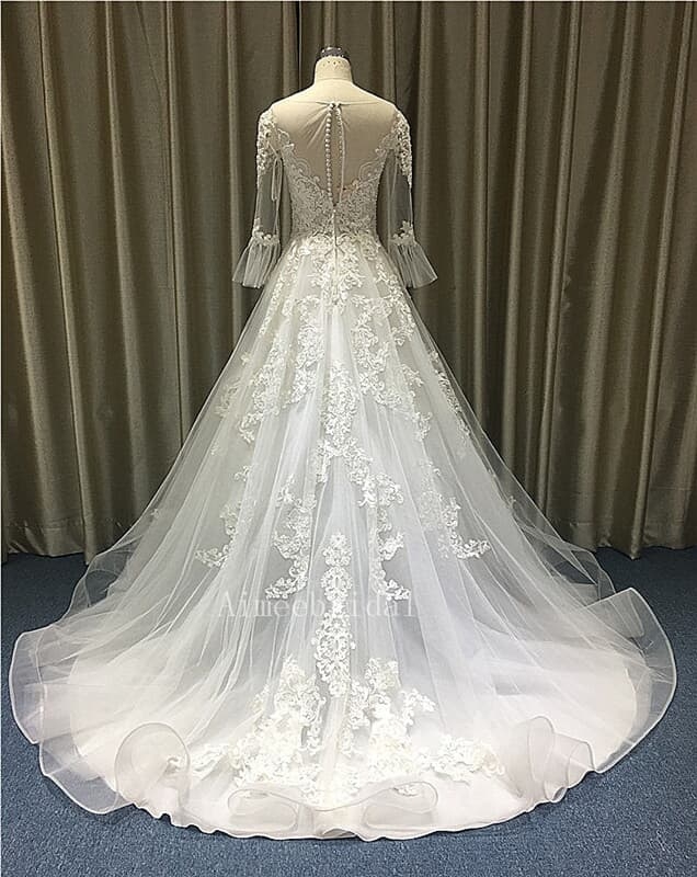 A-Line Jewel Neck Court Train Tulle Made-To-Measure Wedding Dresses with flare sleeves  