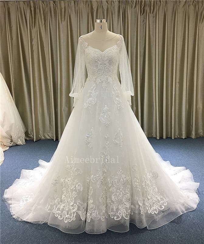 A-line Jewel sweet neckline chapel train lace/shine sequin beading with french lace custom wedding dress gown with nice back button.