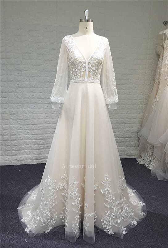 A-line V neckline brush train/long sleeves made to measure wedding dress gown with appliques.