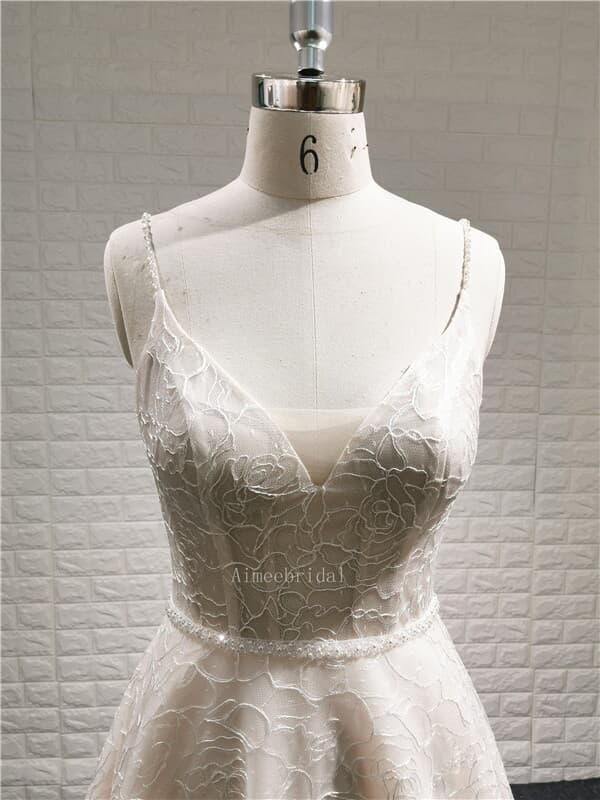 A-line V bateau neckline/brush train a piece lace bridal dress/ transparent bodice custom wedding dress gown  with low-cut back . 