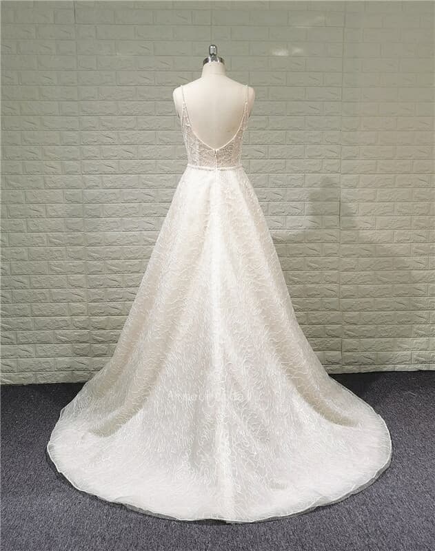 A-line V bateau neckline/brush train a piece lace bridal dress/ transparent bodice custom wedding dress gown  with low-cut back . 