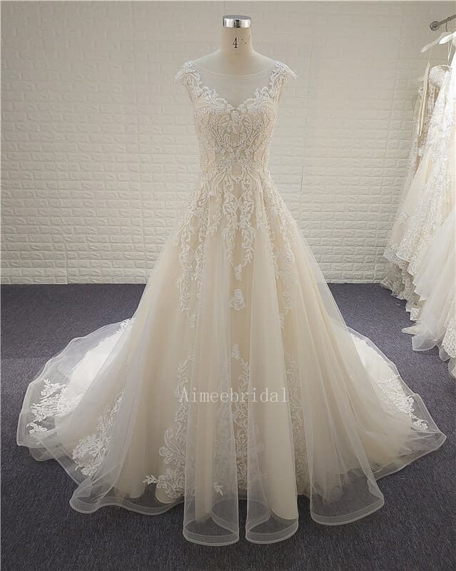 A-line bridal gown Jewel sweatheart neck chapel train tulle on the satin/sequin beading lace appliques strap wedding dress with buttion low-cut back