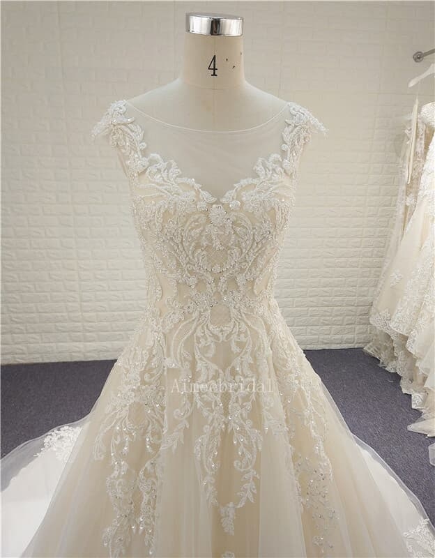 A-line bridal gown Jewel sweatheart neck chapel train tulle on the satin/sequin beading lace appliques strap wedding dress with buttion low-cut back