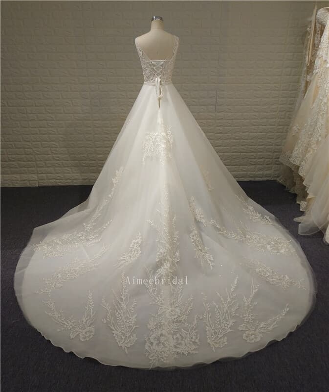  A-line V neckline Cathedral train bridal gown tulle on the satin/sequin beading sex wedding dress gown with appliques/low-cut back