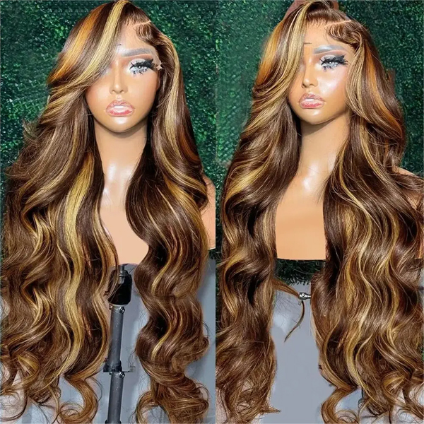 Carina 4/27 Highlight Body Wave 13x6 HD Full Frontal Human Hair wigs Long Thick Real HD Lace wigs - 32 inch / 250%