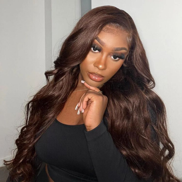 Carina Chocolate Brown 13x6 HD Full Frontal Wigs Body Wave Human Hair Wigs Glueless HD Lace Wigs - 32 inch / 250%
