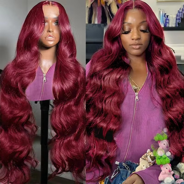 Carina 99J Burgundy HD Lace Wigs Body Wave Red Colored HD 13X6 Lace Frontal Human Hair Wigs - 28 inch / 250%