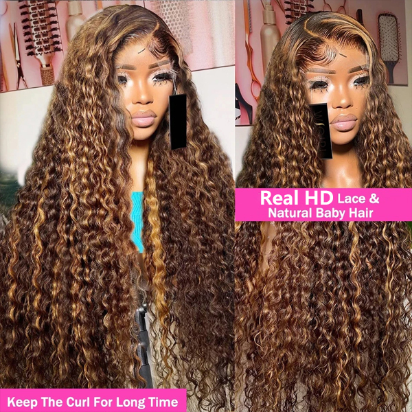 Carina #4/27 Highlight Blonde Curly 13x6 HD Lace Frontal wigs 250% Thich HD Lace Human Hair Wigs - 30 inch / 250%