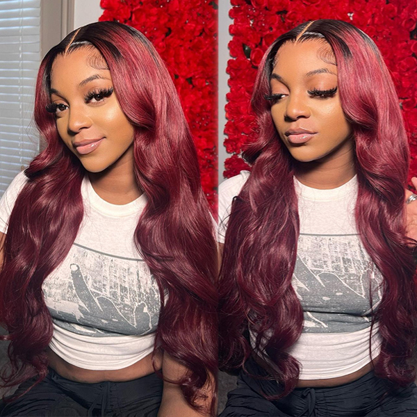 Carina 1B 99j Straight 13x6 HD Full Frontal wigs Ombre Burgundy Human Hair Wigs Pre Plucked Body Wave Hair - 32 inch / 250%