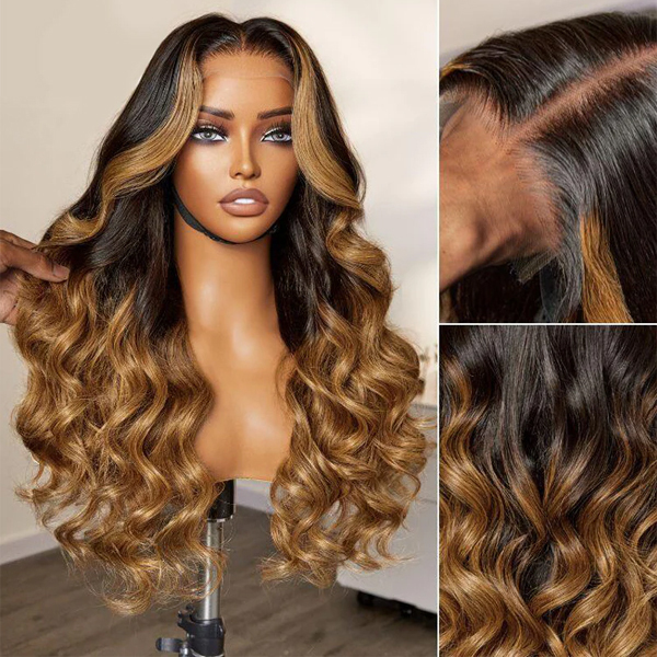 Carina Loose Wave Glueless 5X5 HD Lace Closure wigs Ombre Blonde HD Lace Human Hair Wigs - 22 inch / 180%