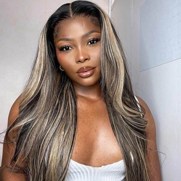 Carina Balayage Highlight Straight Hair Glueless 13_4 HD Lace Full Frontal Wig 100% Human Hair - 32 inch / 250%