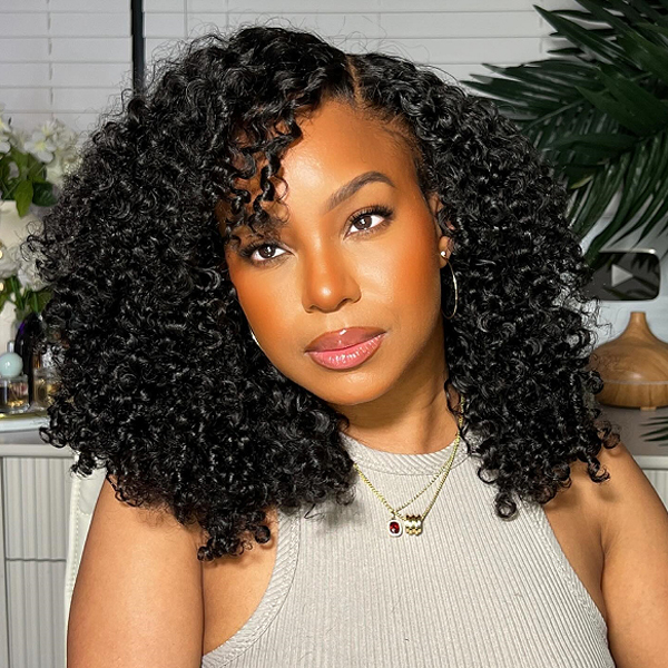Carina Kinky Curly Natural Black Glueless 13x4 Frontal HD Lace Wig 250 Full Density Short Bob Human Hair Wigs - 16 inch / 180%