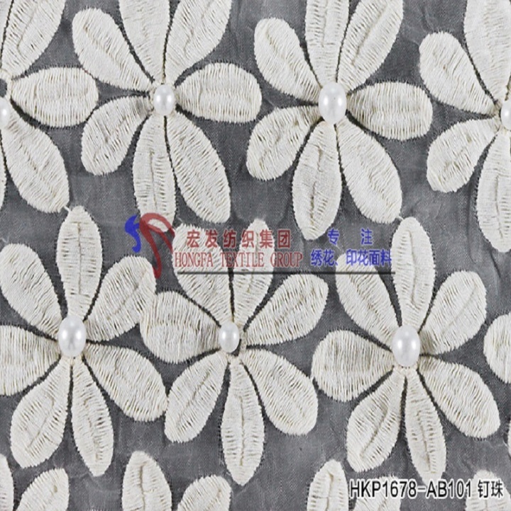 Elegant White Floral Pattern with Pearl Plain Embroidery Fabric HKP1678  fashion fabric,plain embroidery,embroidery factory