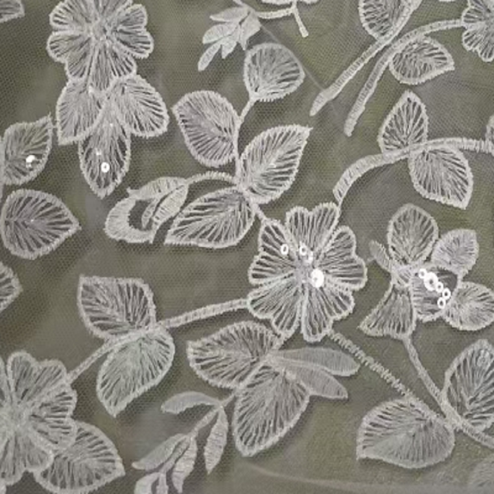 White Flower and Leaf Pattern Sequins Embroidery Fabric for Woman Wedding Dress  HM1939  bridal dress fabric,sequins fabric,fashion fabric