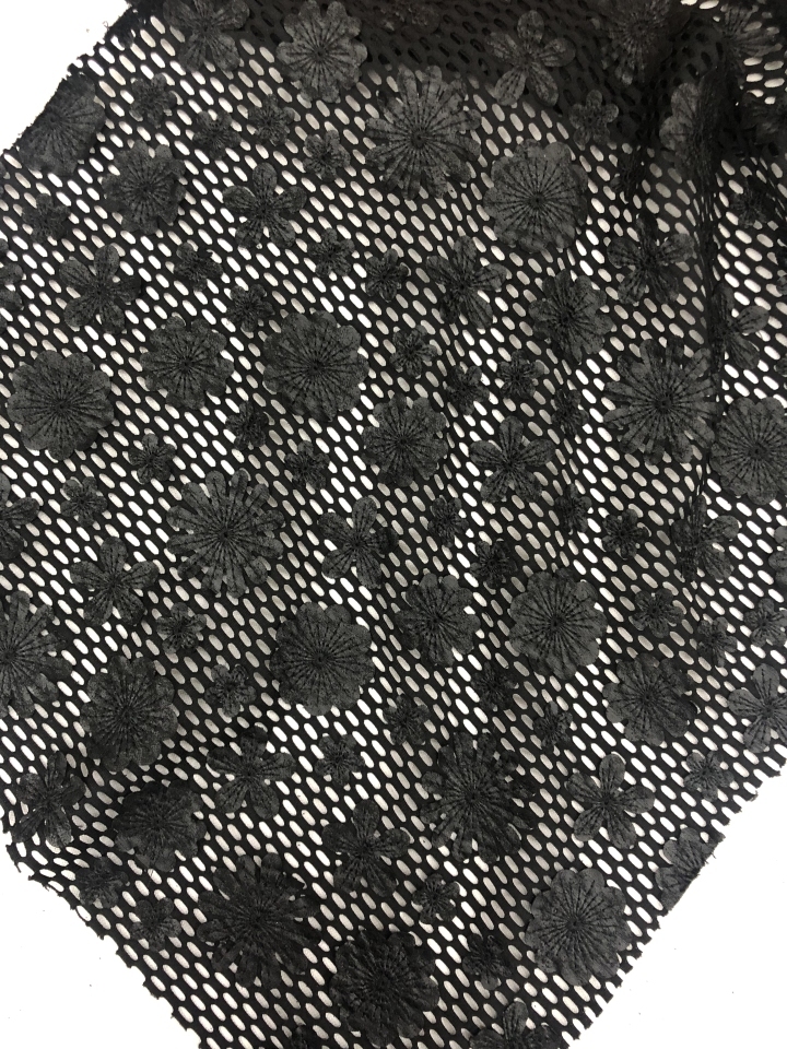 Black Heavy Flowers Pattern with Leather Laser Embroidery  Fabric HKH5435  Laser Embroidery Fabric,fashion fabric