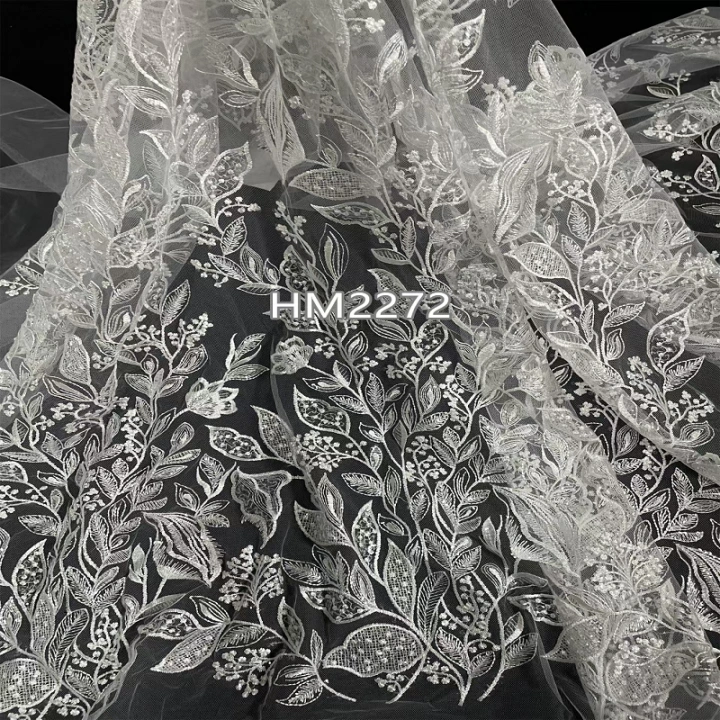  New Styles Floral and Leaf  Pattern Plain Embroidery Fabrics HM2272  bridal dress fabric,sequins emboidery